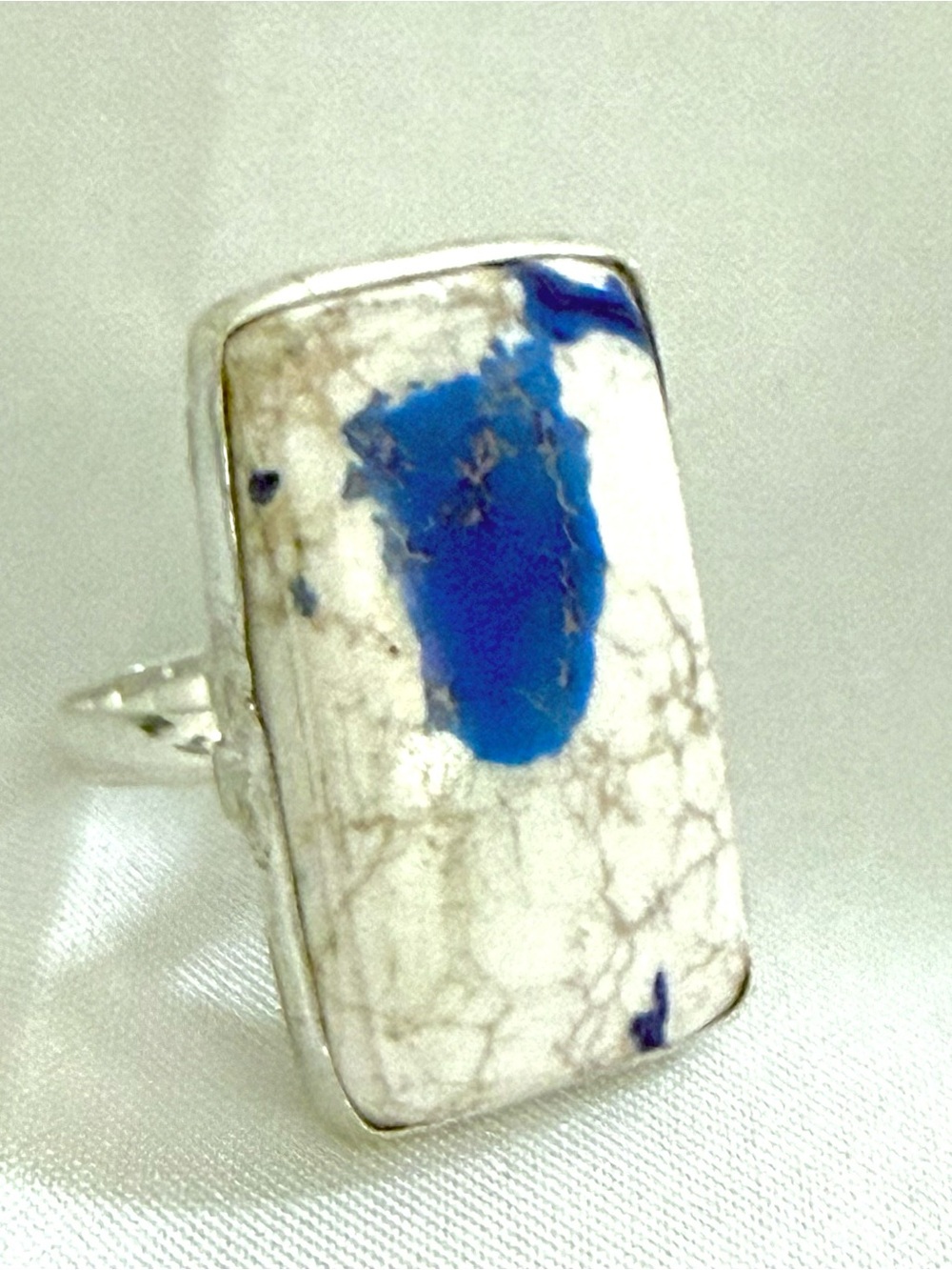 925 Sterling Silver White Blue Large Howlite Statement Ring Rectangular Sz 6
